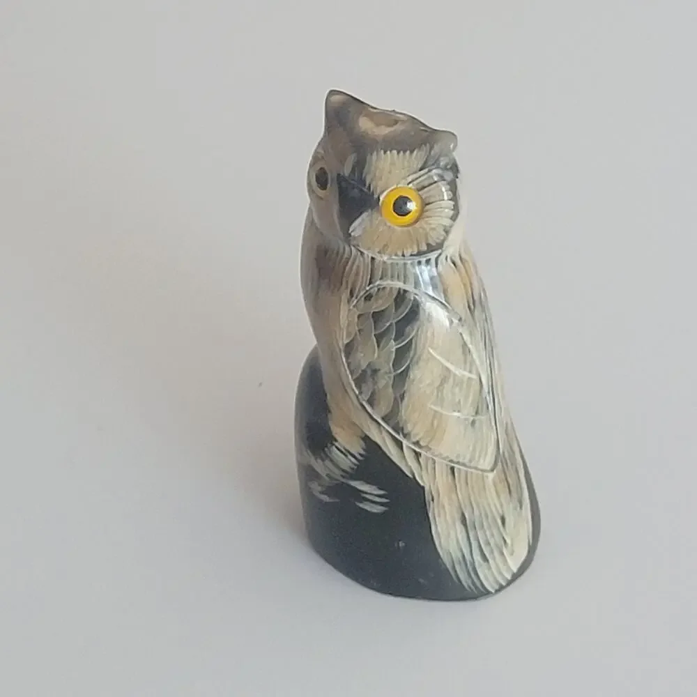 Vintage Carved Water Buffalo Horn Owl Figurine Sculpture 2.75